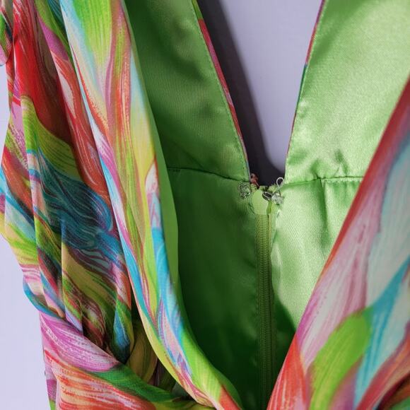 VTG Y2K ABS Allen Schwartz Rainbow Swirl Ruched Dress Handkerchief Hem Size 2 - Picture 3 of 13